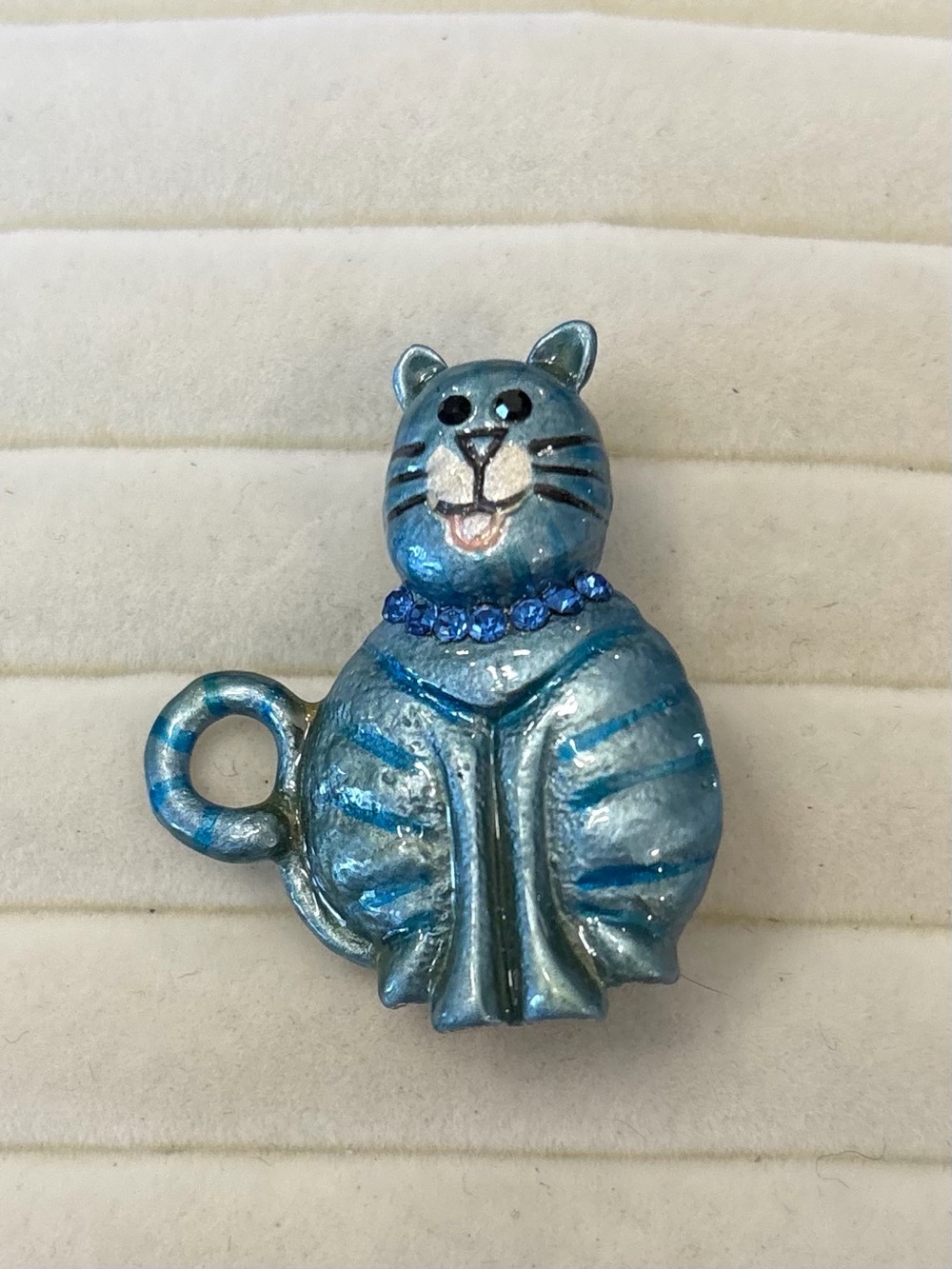 Vintage AJC Cat Brooch Pin Blue Enamel Colored Rhinestone Collar Eyes CUTE!